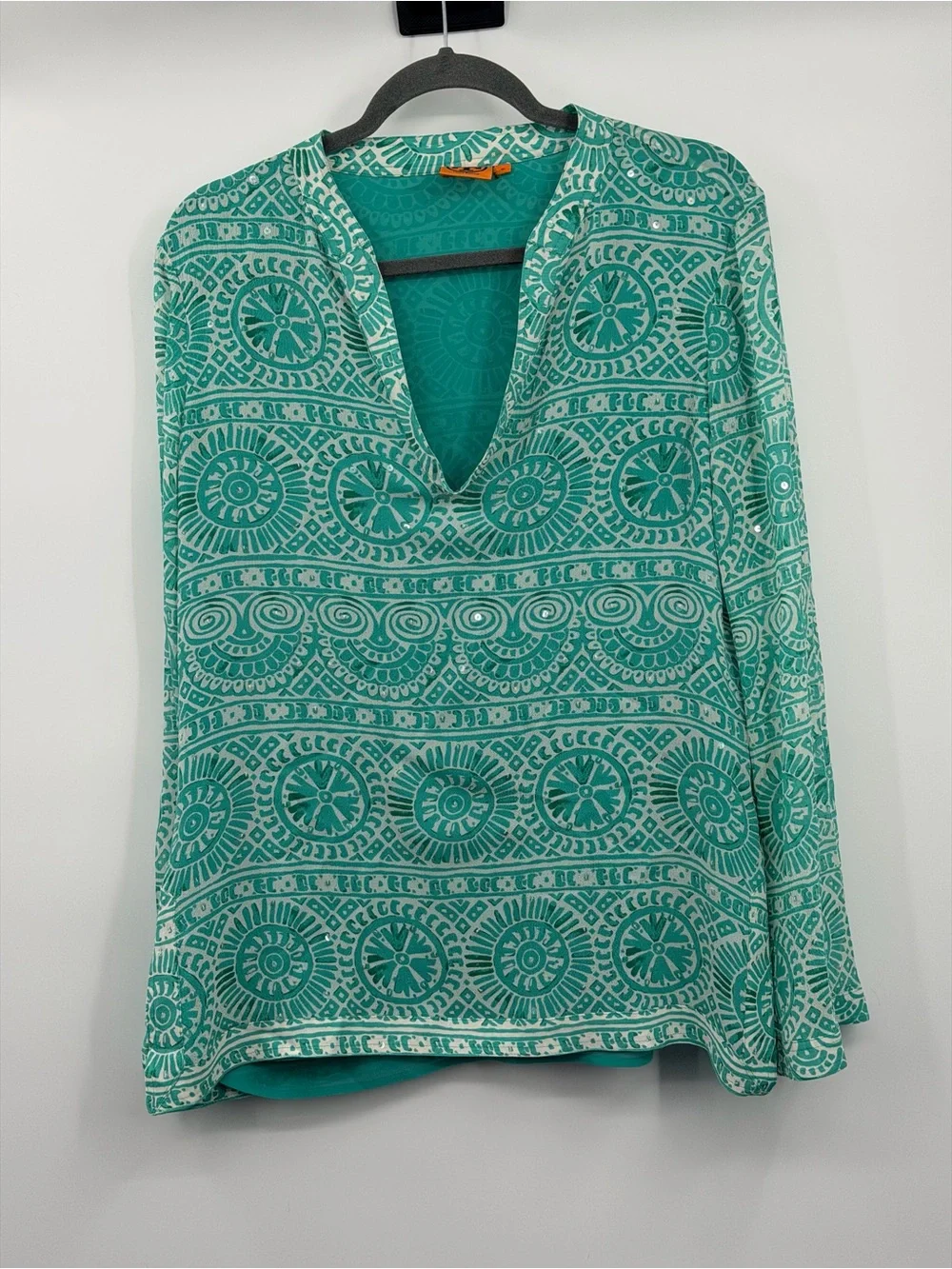 Tory Burch Silk Tunic Blouse Teal Ivory Sequin Print Size 10